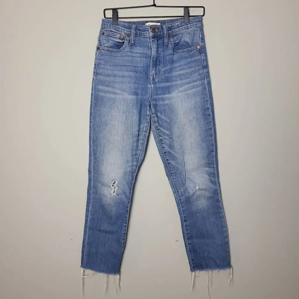 Madewell Womens High Rise Slim Crop Boyjean Sz 25 Blue Distressed Raw Hem Casual - Picture 1 of 10